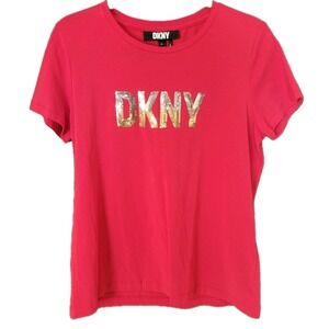 DKNY Women T-Shirt Red Sequined Shiny Short Sleeve NWT Size Medium Casual Logo